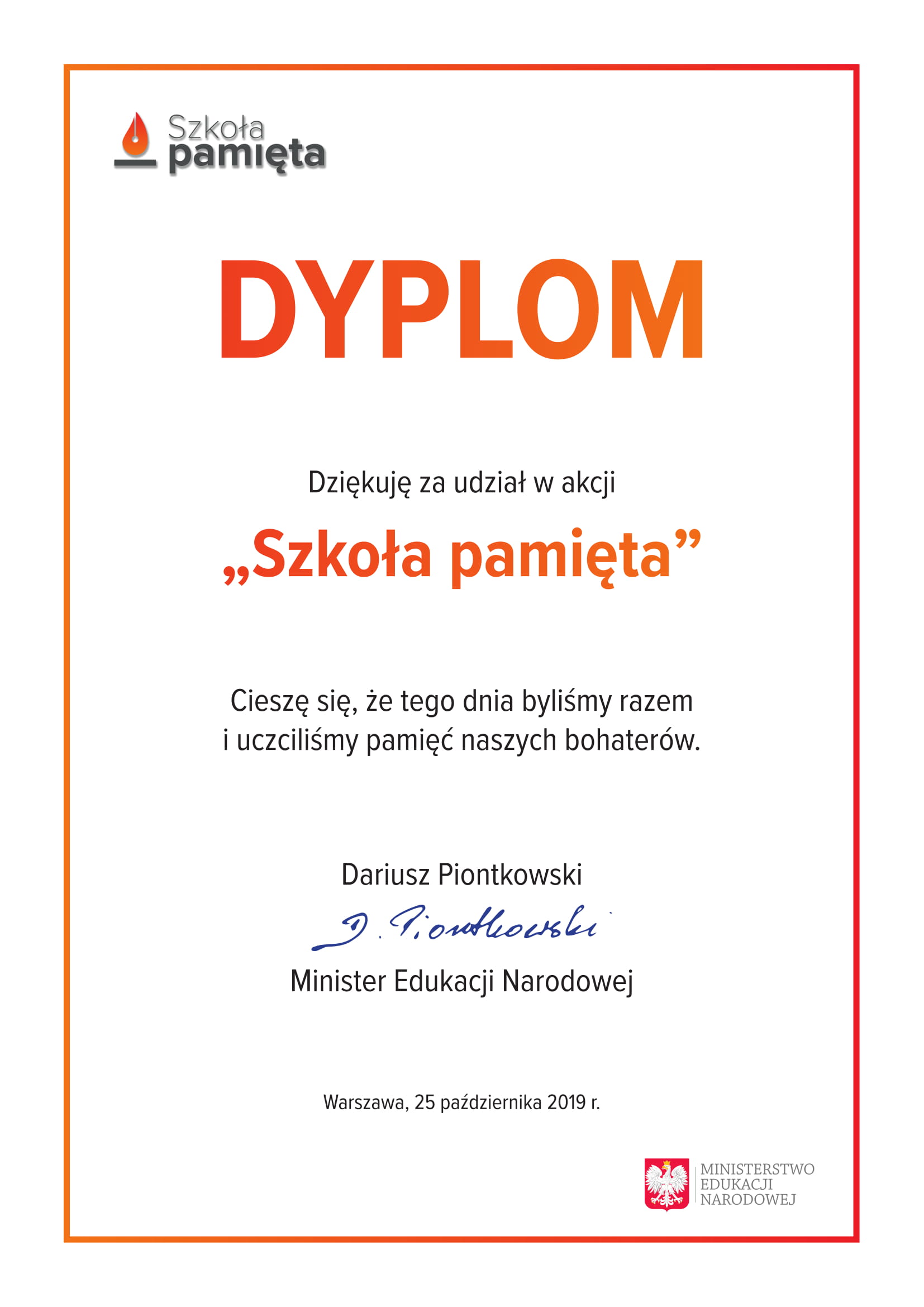 Dyplom Szkoła pamięta 1